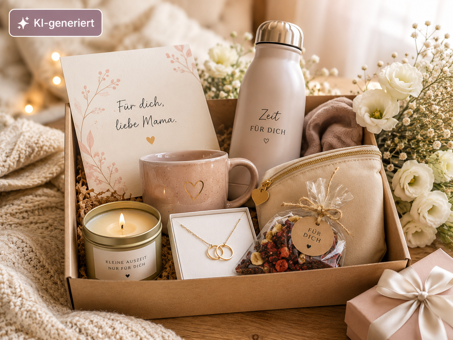 Geschenkbox zur Geburt für die Mutter mit Karte, Trinkflasche, Becher, Kerze, Schmuck, Snackbeutel, Tasche, Blumen und sichtbarem KI-generiert-Badge.