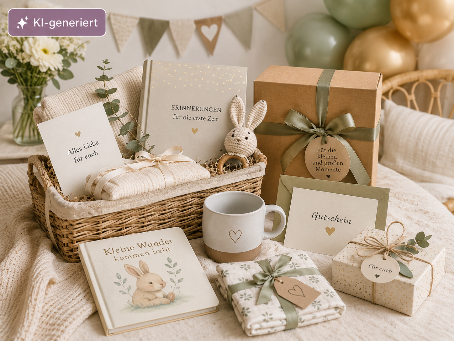 Geschenke zur Babyparty mit Babyalbum, Gutschein, Geschenkbox und kleinen Geschenkideen.