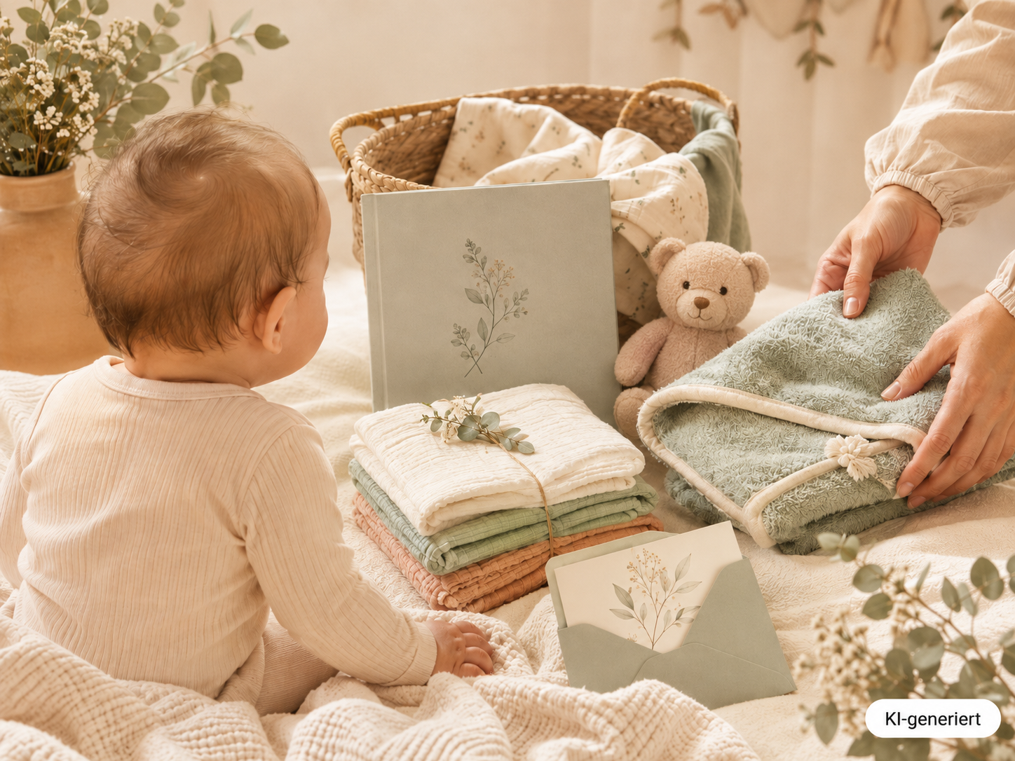 Baby von hinten vor liebevoll zusammengestellten Geschenken zur Geburt mit Tüchern, Babyalbum, Handtuch und Teddybär.