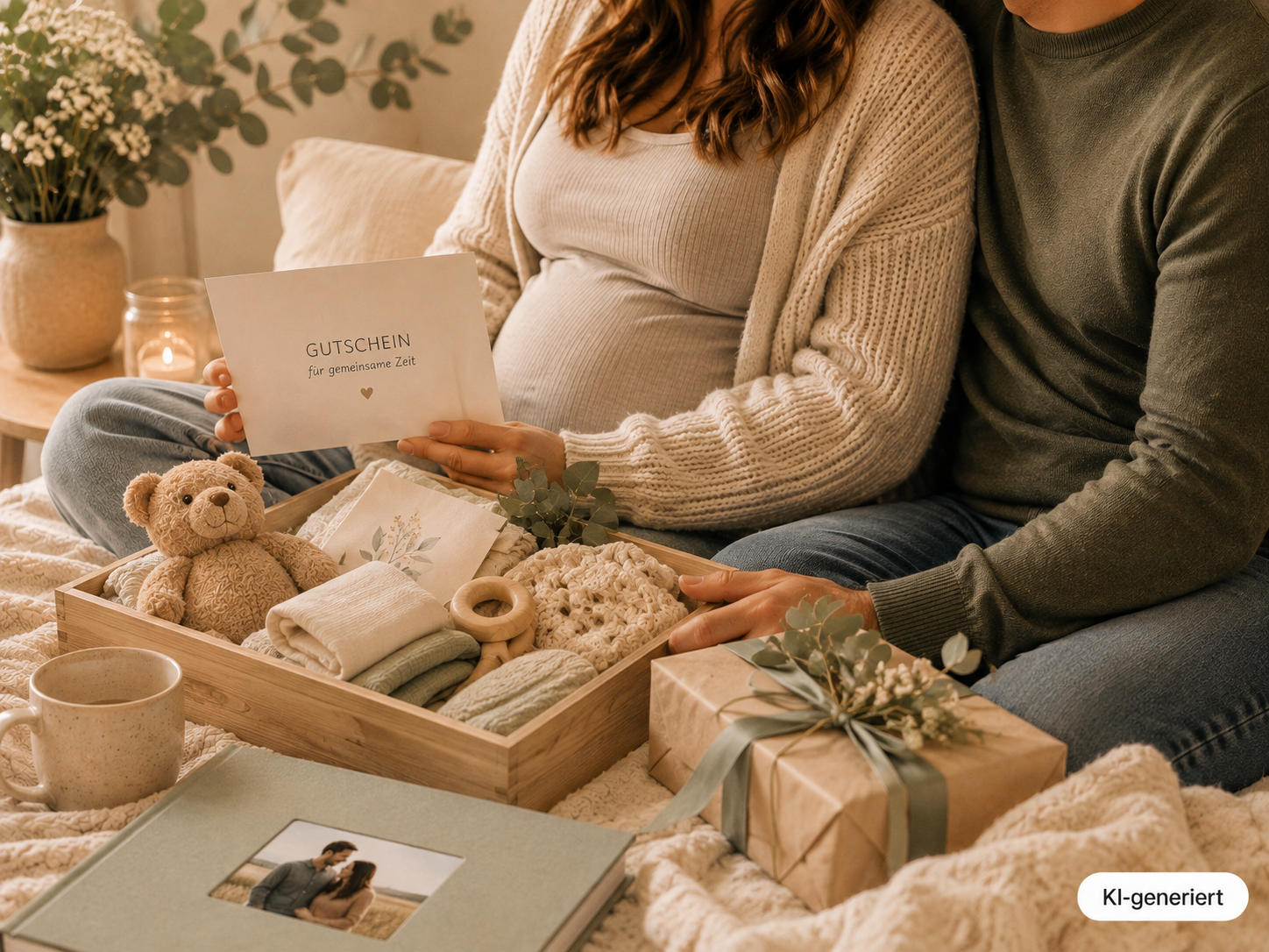 Schwangere Frau und Partner mit angeschnittenen Gesichtern, Gutschein für gemeinsame Zeit und Geschenkbox mit Babyartikeln.