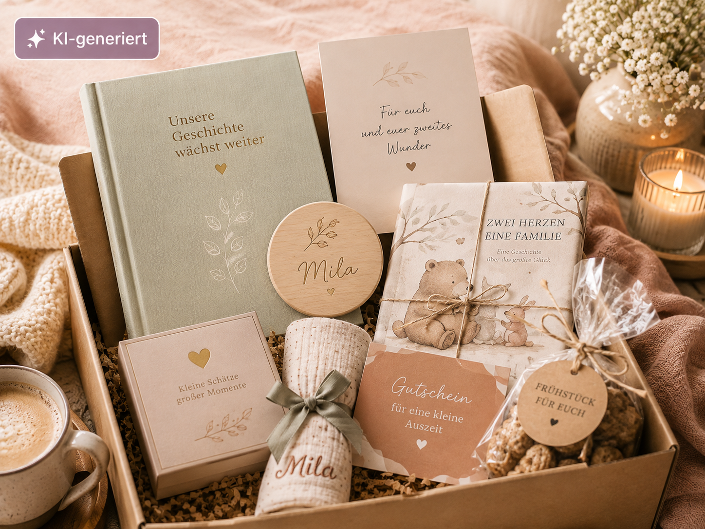 Geschenkbox zur Geburt des zweiten Kindes mit Babyalbum, Karte, personalisiertem Holzstück, Tuch, Bilderbuch, Gutschein, Snacks und sichtbarem KI-generiert-Badge.