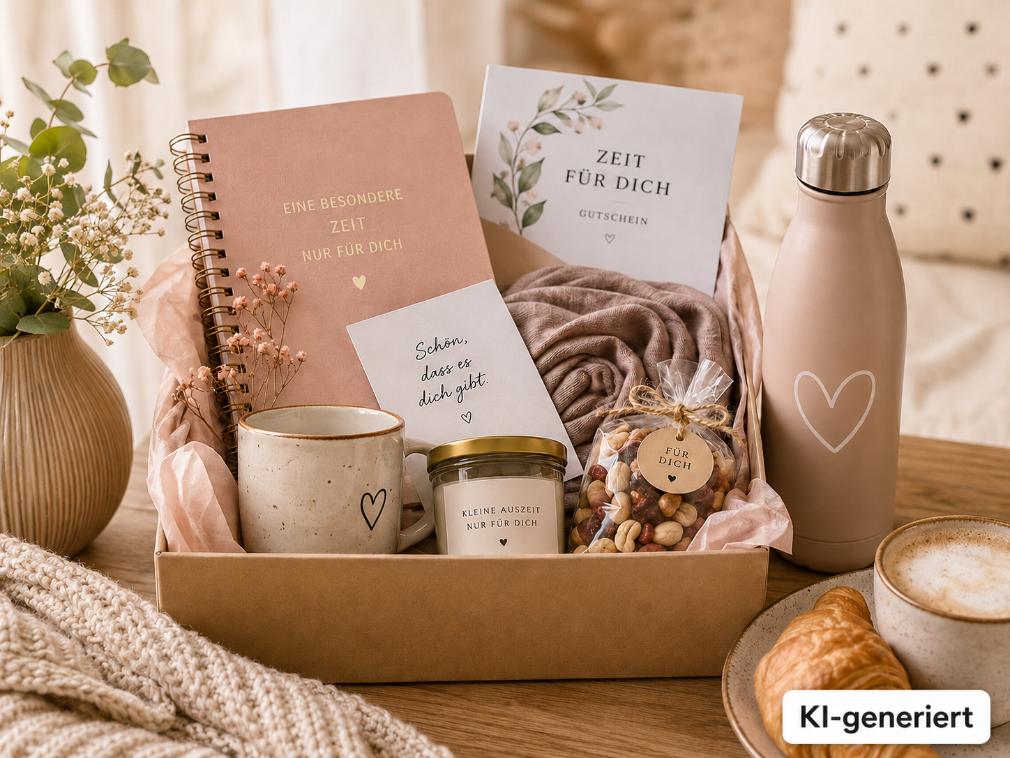 Geschenkbox für eine Schwangere mit Notizbuch, Gutschein, Karte, Becher, Snacks, Tuch und Trinkflasche mit sichtbarem KI-generiert-Badge.