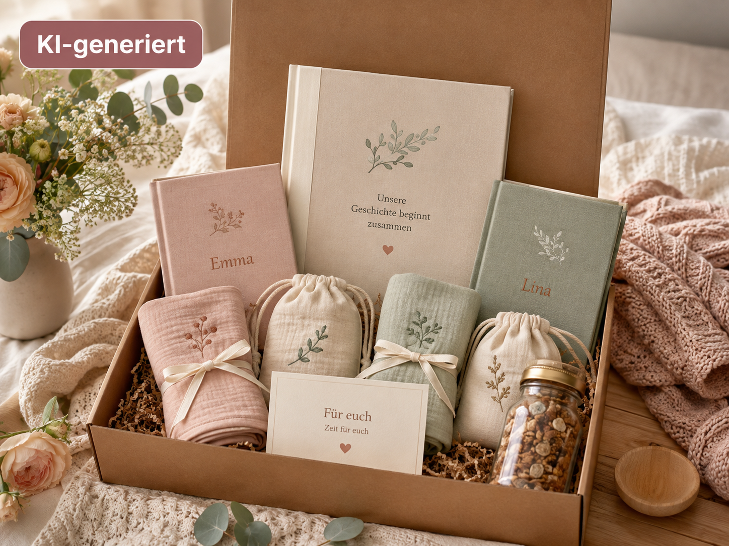 Geschenkset zur Geburt von Zwillingen mit zwei personalisierten Babybüchern, Tüchern, Beuteln, Familienalbum, Karte und sichtbarem KI-generiert-Badge.