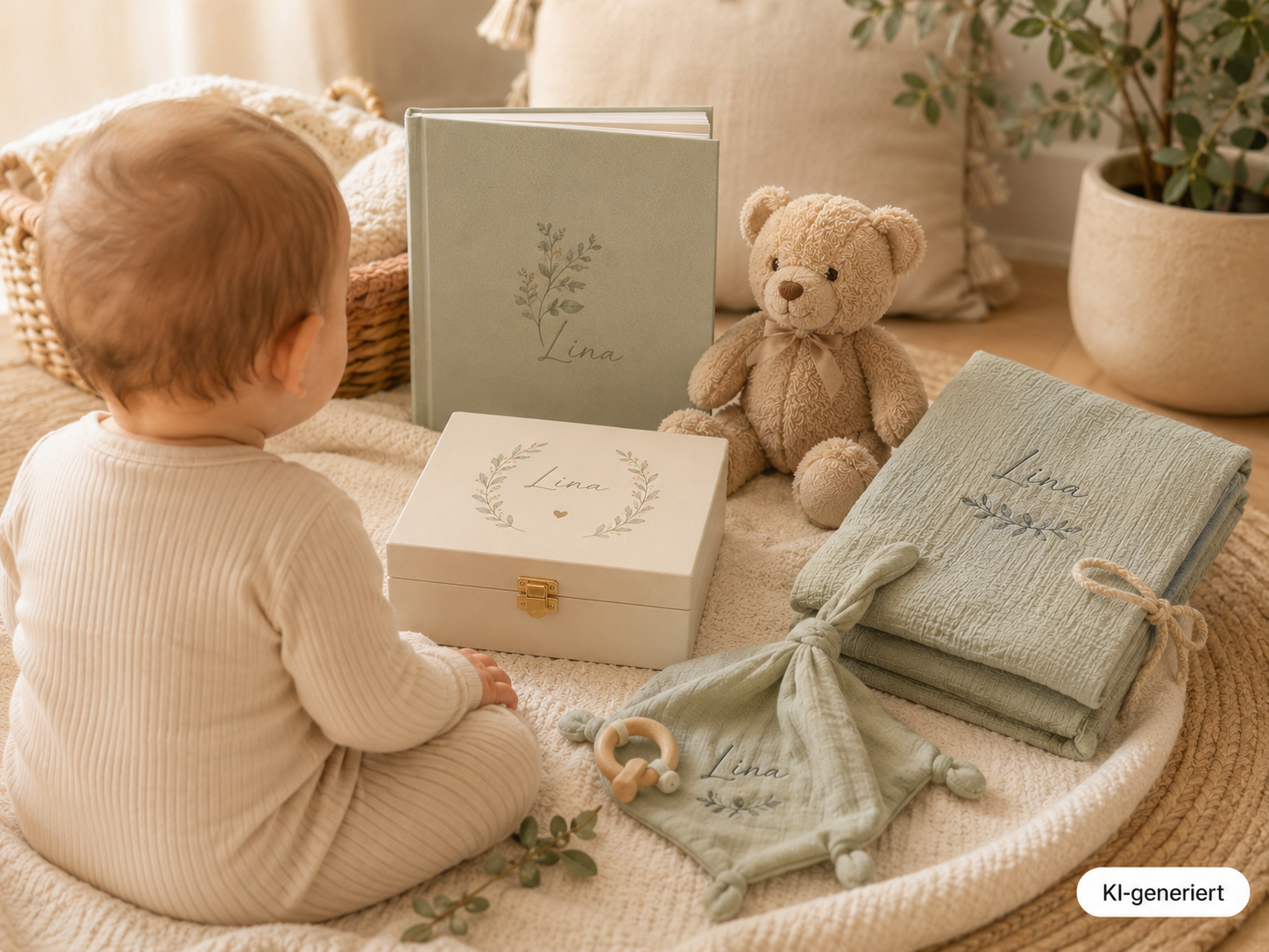 Baby von hinten vor personalisierten Babygeschenken mit dem Namen Lina, darunter Babyalbum, Erinnerungsbox, Decke, Schnuffeltuch und Teddybär.