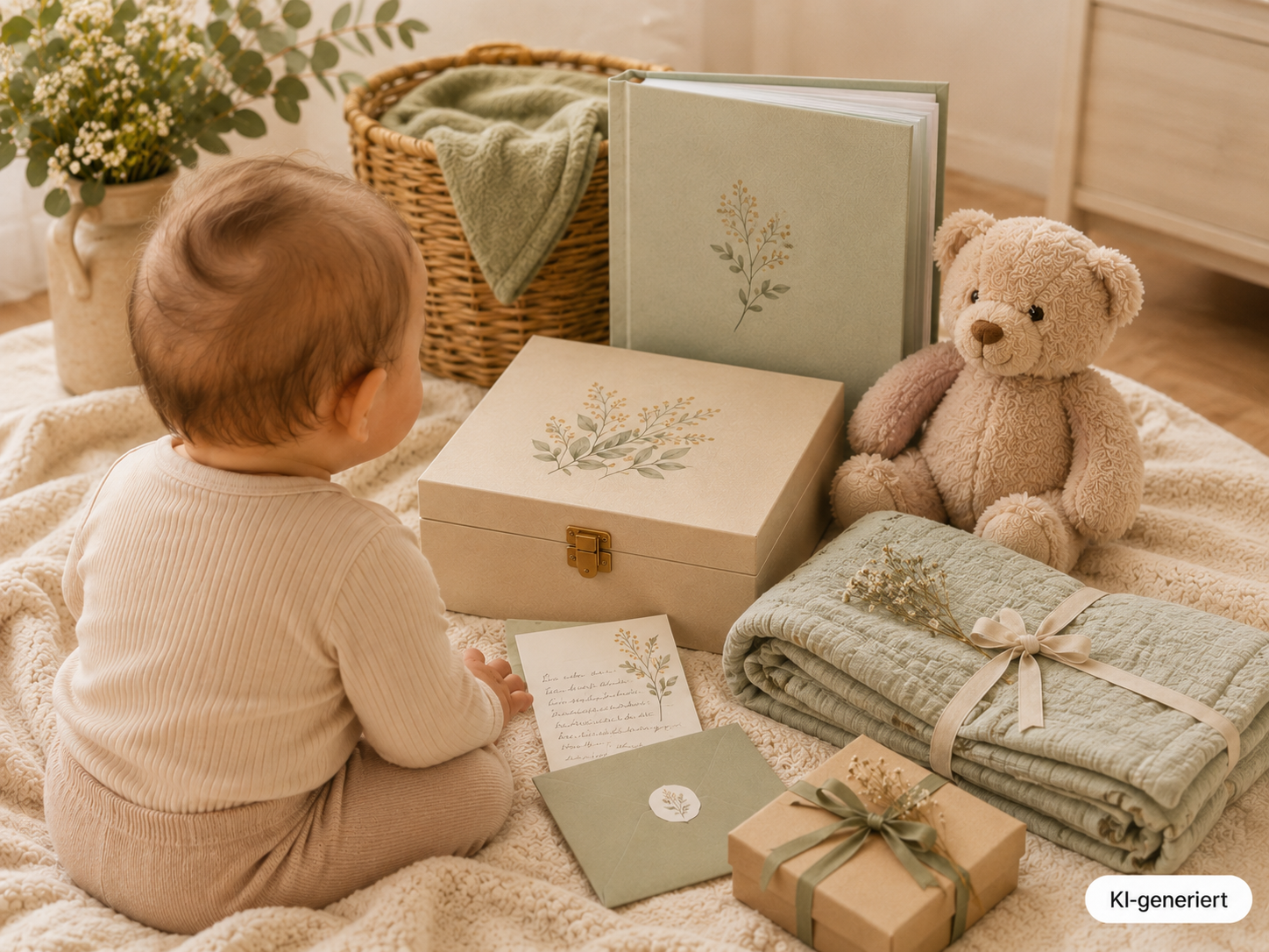 Baby von hinten neben Erinnerungsbox, Babyalbum, Teddybär, gefalteter Decke, Brief und verpacktem Geschenk.
