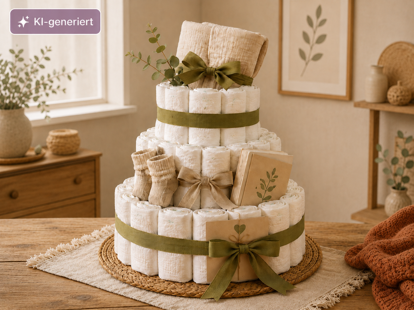 Windeltorte mit Windeln, Babysöckchen, Karte und kleinen Geschenkideen zur Geburt.