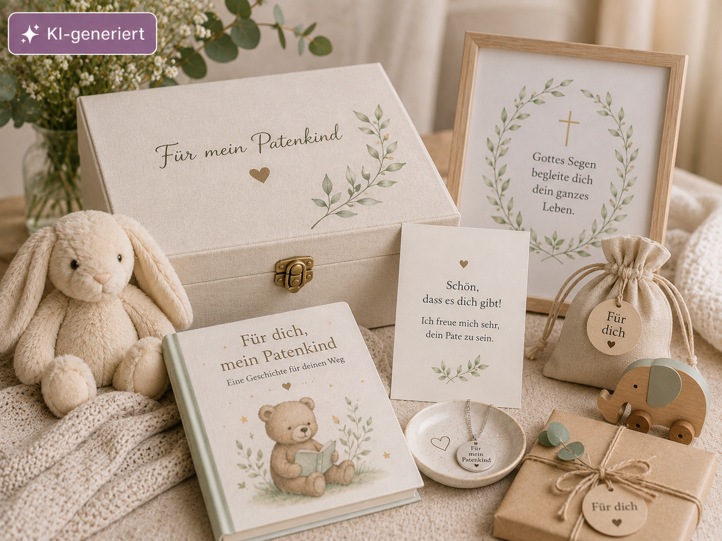 Geschenke für ein Patenkind zur Geburt mit Erinnerungsbox, Buch und persönlichen Geschenkideen.