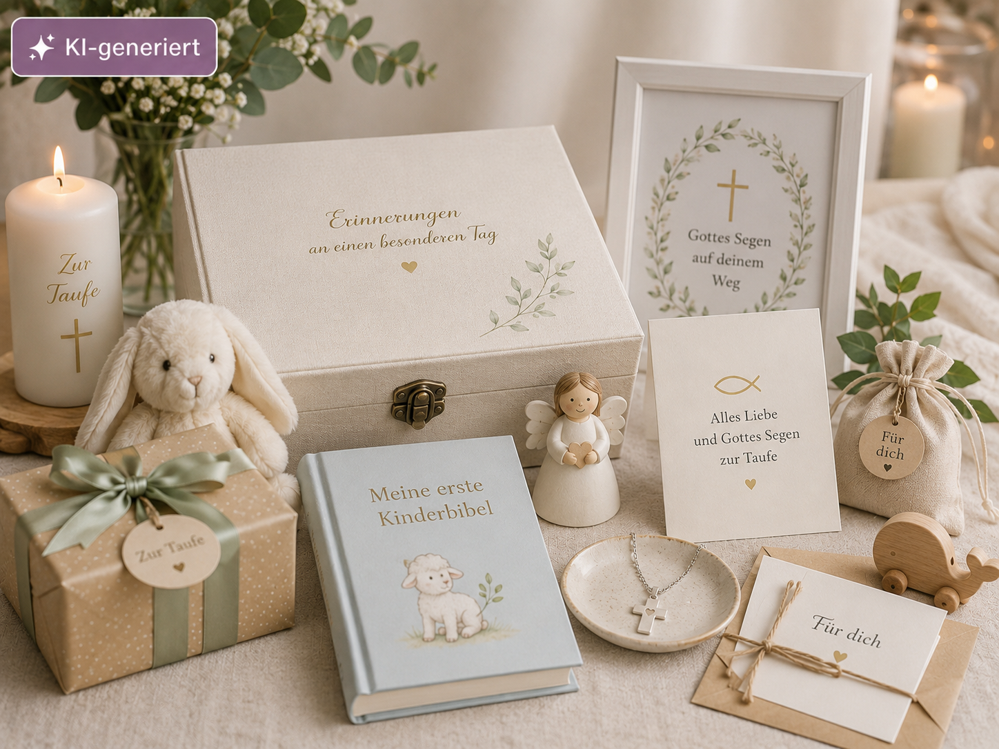 Taufgeschenke für ein Baby mit Erinnerungsbox, Kinderbibel und persönlicher Karte.