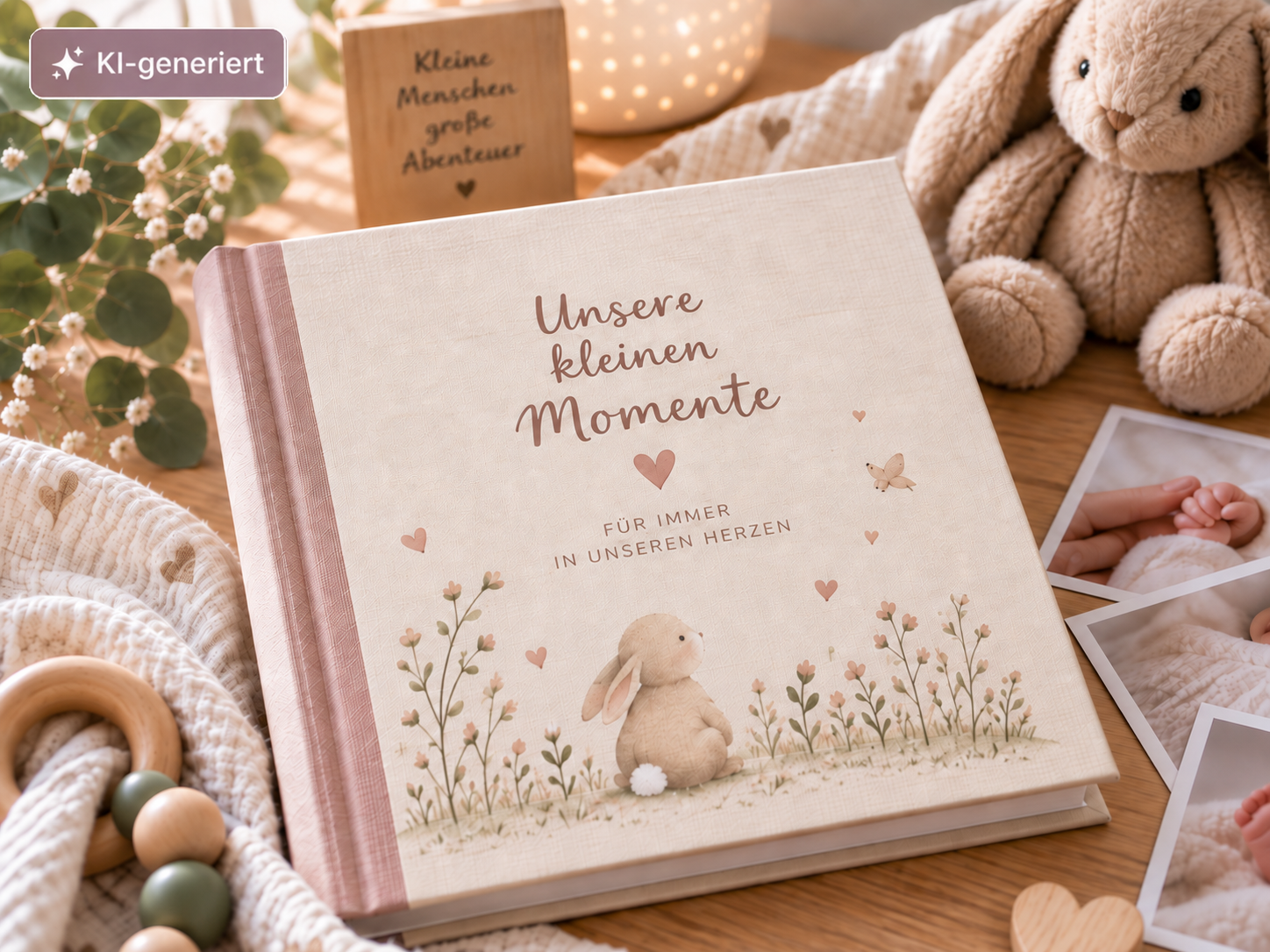 Cremefarbenes Babyalbum mit Hasenmotiv auf einem Holztisch, daneben ein Kuschelhase und Babyfotos.