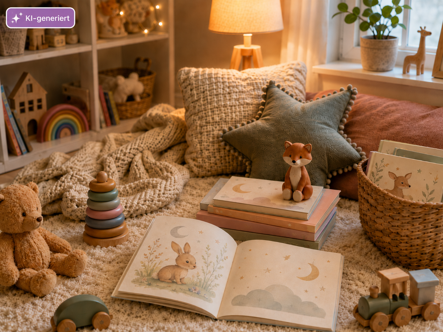 Gemütliche Kinderbuchecke mit Babybüchern, aufgeschlagenem Bilderbuch, Korb mit Büchern und Holzspielzeug.