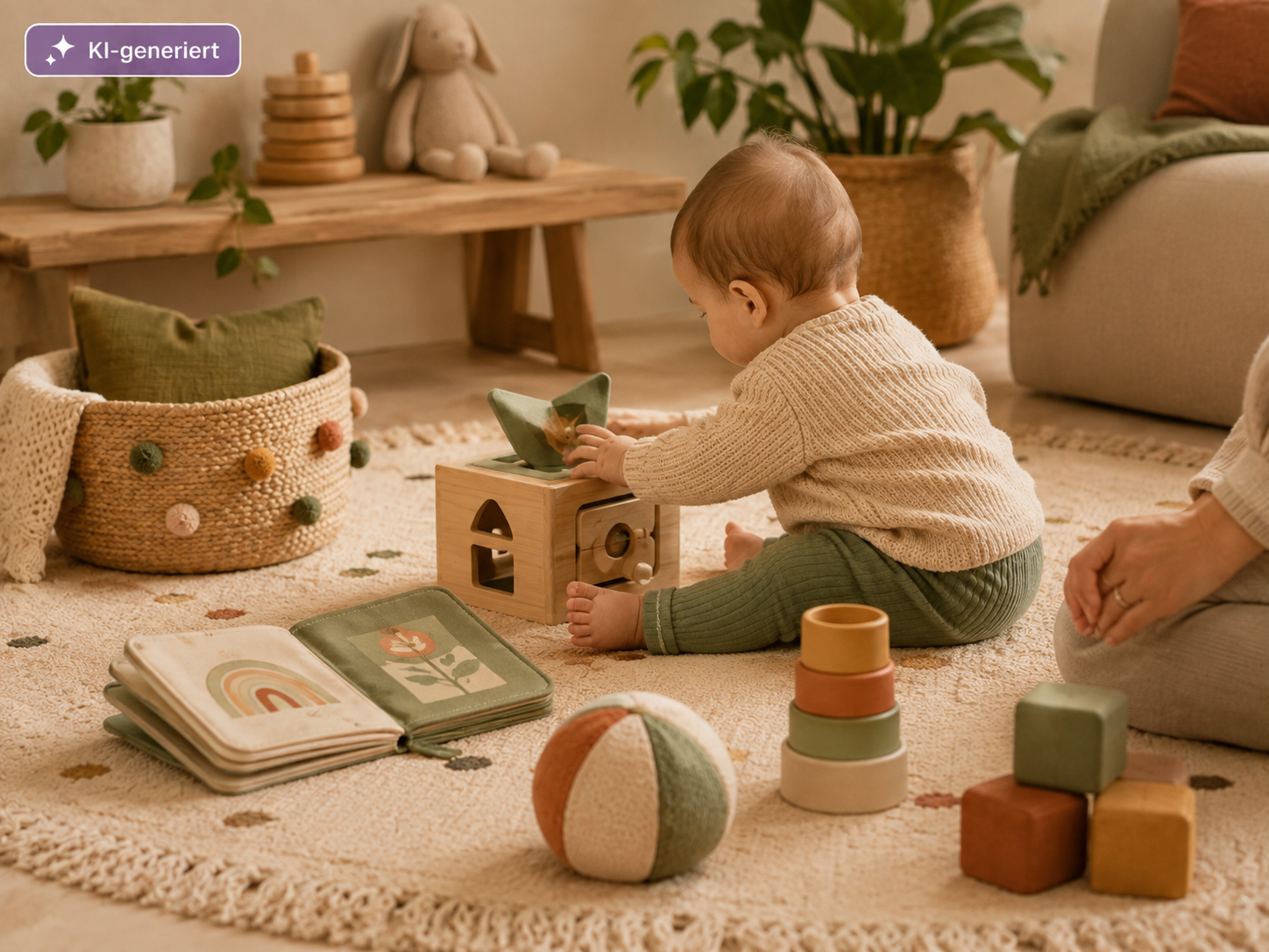 Baby sitzt auf einem Teppich und spielt mit einem Aktivitätsspielzeug; daneben liegen Stoffbuch, Ball, Stapelbecher und Bausteine.