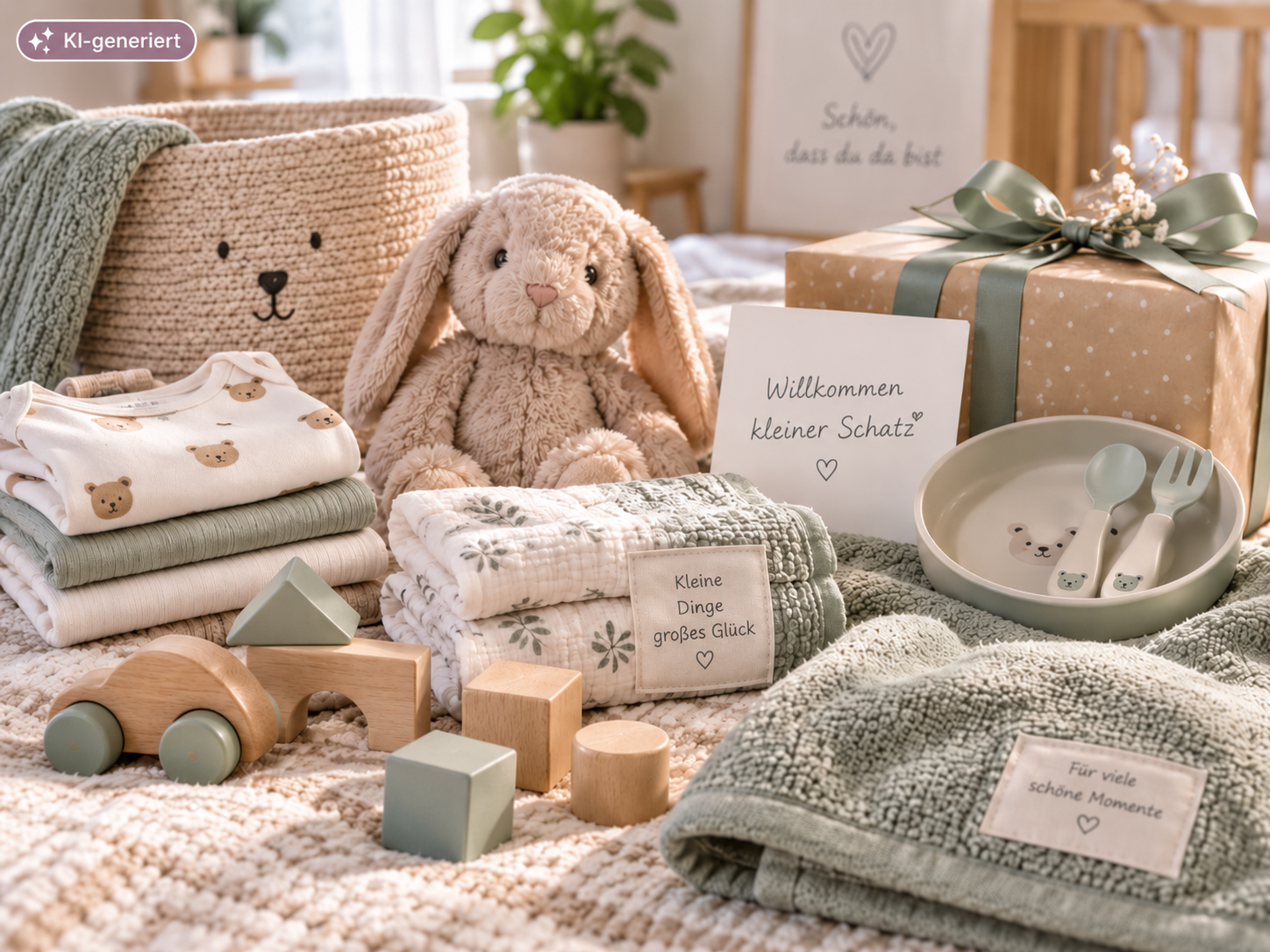Stillleben mit Kuschelhasen, gefalteter Babykleidung und Decken, Geschenkbox, Kindergeschirr mit Besteck und Holzspielzeug.