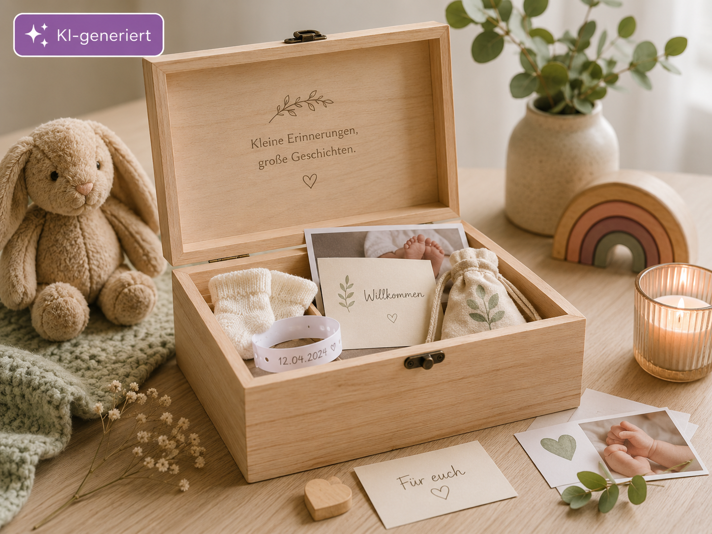 Geöffnete hölzerne Erinnerungsbox fürs Baby mit Fotos, Söckchen, Karte und kleinen Andenken in einem warmen Kinderzimmer-Stillleben.