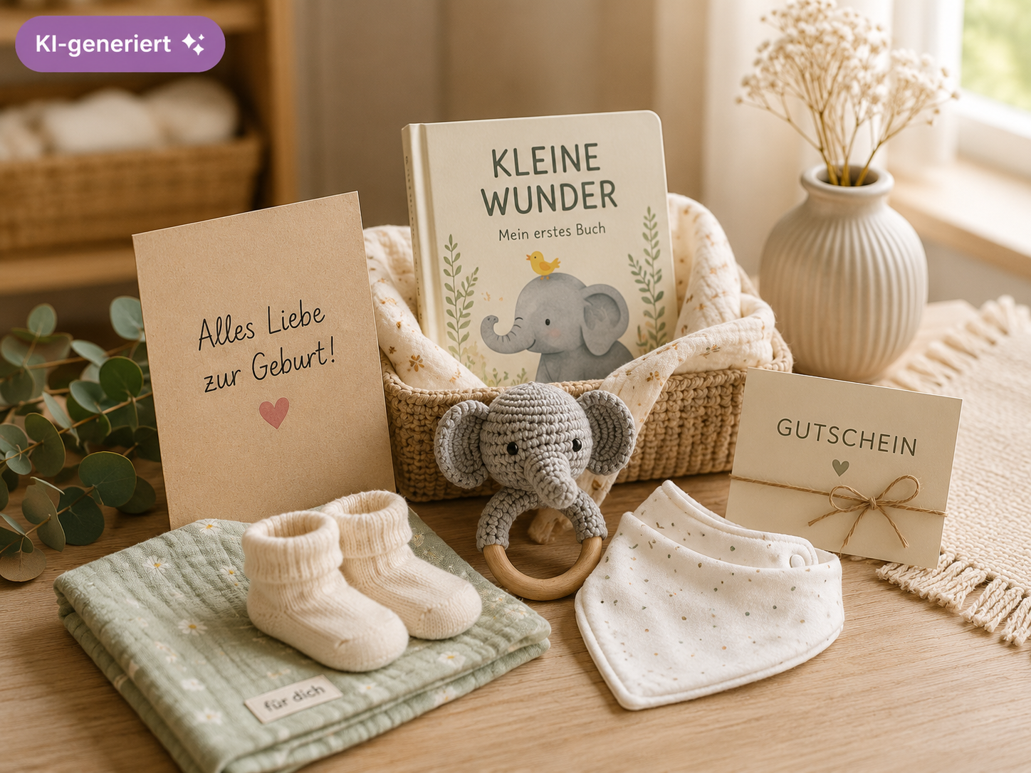 Geschenk zur Geburt mit Babybuch, Karte, Gutschein, Babysocken, Lätzchen, Mulltuch und Greifspielzeug auf einem hellen Tisch.