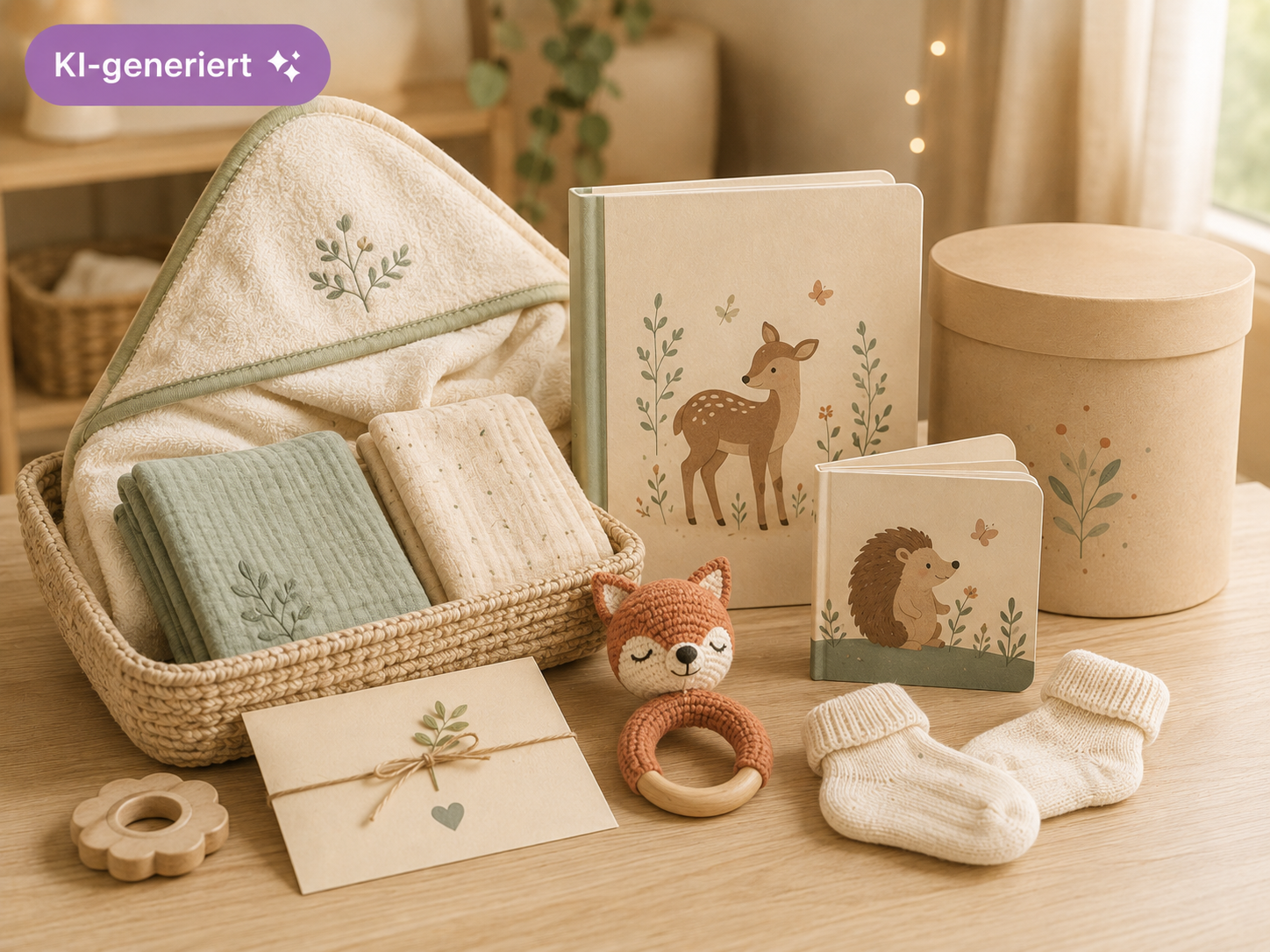 Geschenk zur Geburt unter 50 Euro mit Kapuzenhandtuch, Mulltüchern, Bilderbüchern, Erinnerungsbox, Greifspielzeug, Karte und Babysocken.