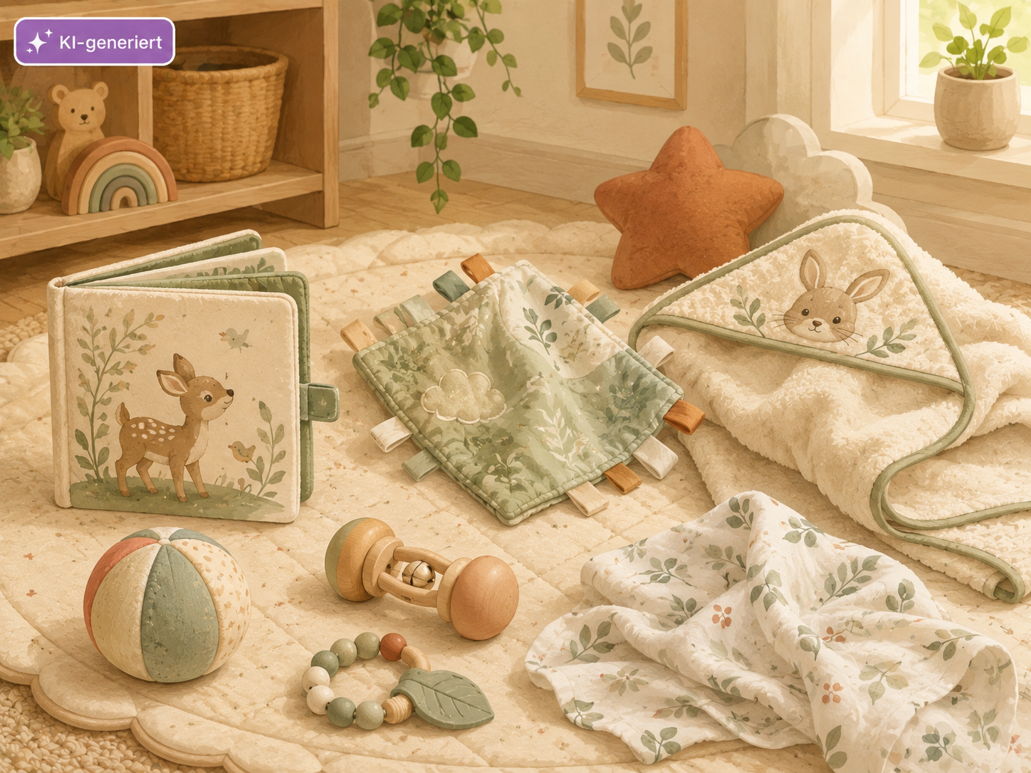 Babyzimmer-Spielzeugwelt mit Stoffbuch, Knistertuch, Rassel, weichem Ball, Kapuzenhandtuch und Mulltuch.