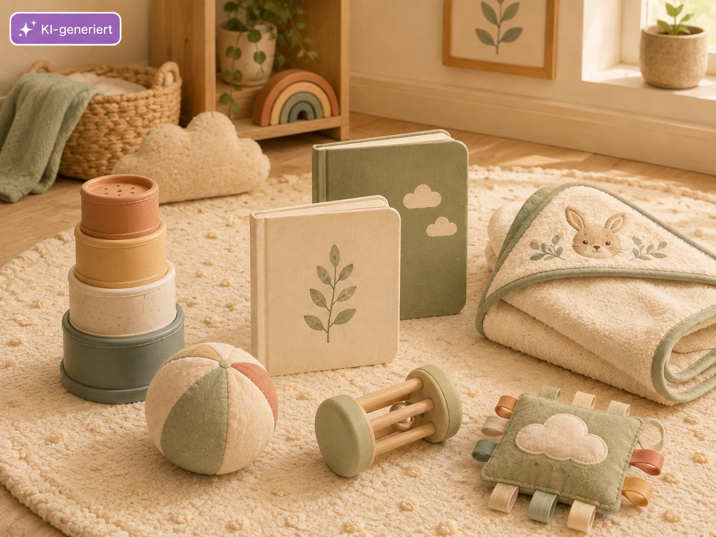 Sanfte Kinderzimmer-Spielszene mit Stapelbechern, weichem Ball, Rassel, Babybüchern, Knistertuch und Kapuzenhandtuch.