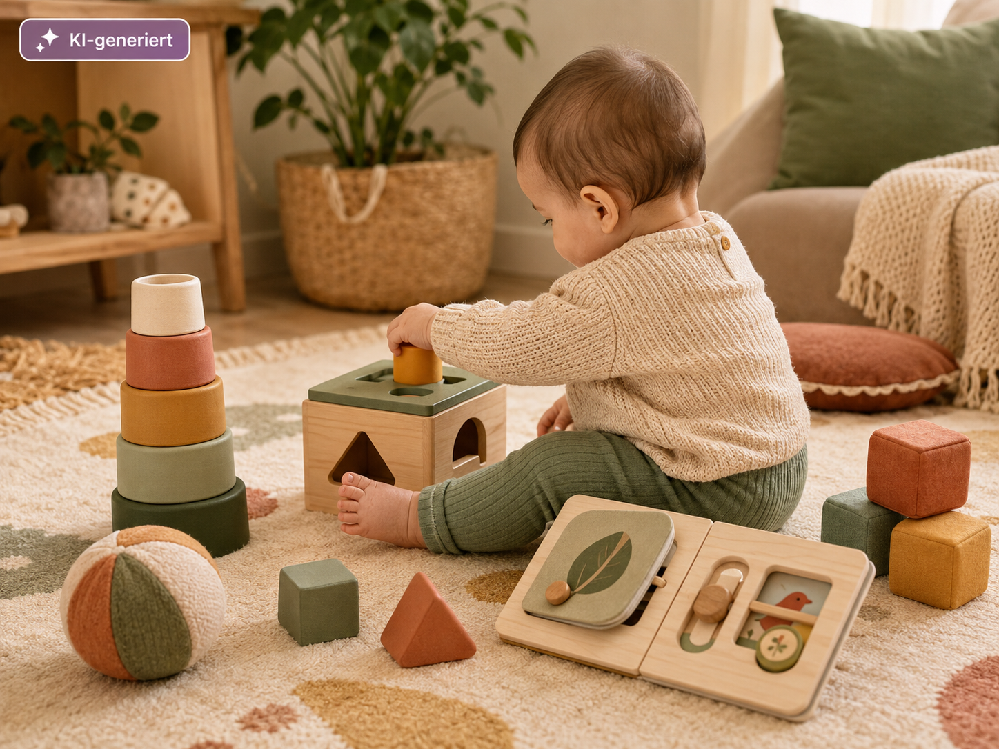Baby sitzt auf einem Teppich und spielt mit Steckspiel, Stapelbechern, Ball, Bausteinen und Beschäftigungsspielzeug.
