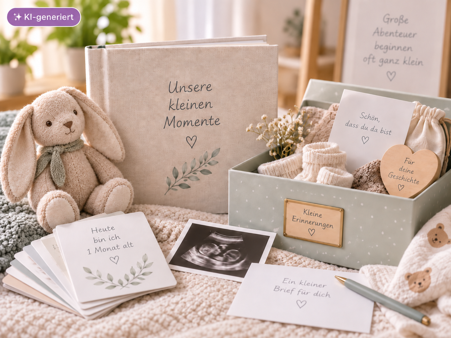 Stillleben mit Kuschelhasen, Erinnerungsalbum, offener Erinnerungsbox mit Babysöckchen, Meilensteinkarten, Ultraschallbild und Briefkarte.