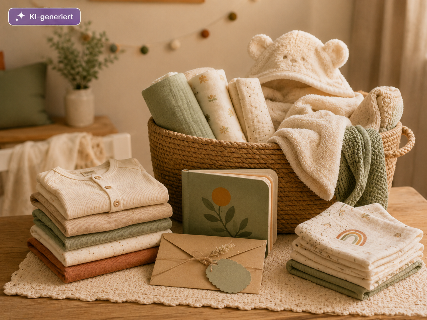 Stillleben mit gefalteter Babykleidung, Mulltüchern, Babyhandtuch, Pappbilderbuch, Umschlag und Aufbewahrungskorb.