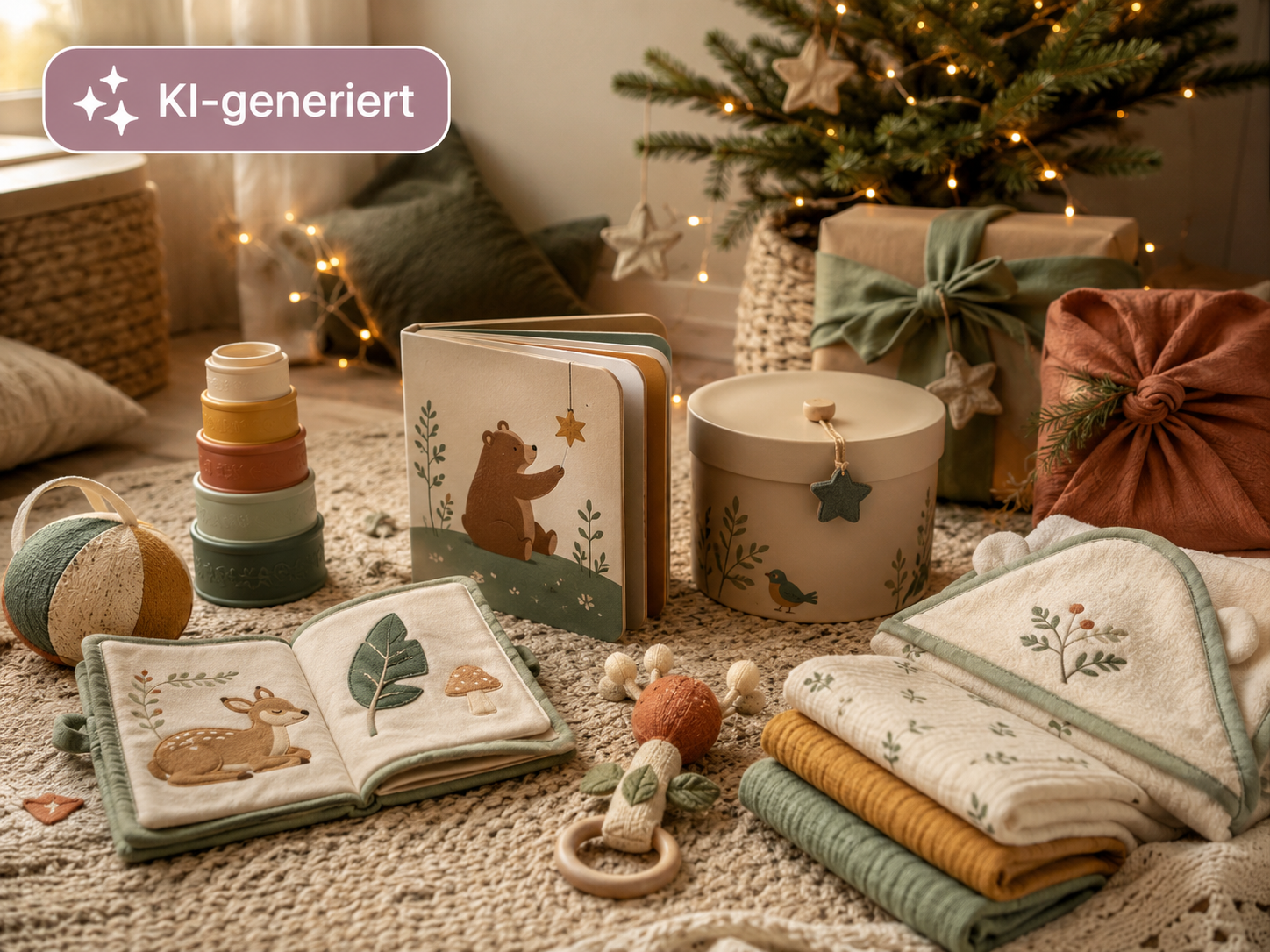 Weihnachtliche Babygeschenke mit Bilderbüchern, Stapelbechern, Stoffball, Greifspielzeug, Kapuzenhandtuch und Geschenkpaketen unter einem geschmückten Baum.